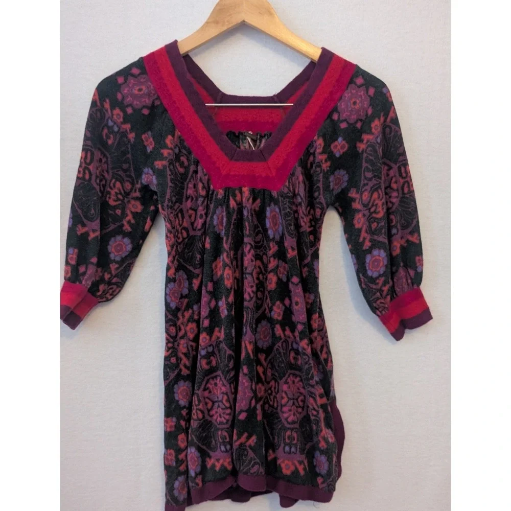 Free People Wool Cashmere Paisley V-Neck Tunic Sweater Purple Red Medium